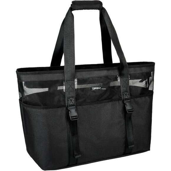 Women's Black with Front Buckles Mesh Beach Tote Waterproof Sandproof Beach Bag - Picture 1 of 8